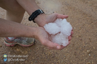 Betsy holds some of the hail, up to three inches wide, for inspection.