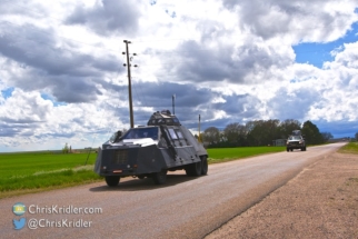 The TIV (Tornado Intercept Vehicle) and friend roar by my location.