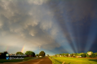 Double rainbow, mammatus and anti-crepuscular rays in Dodge City, Kansas.