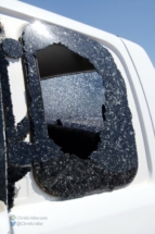 More window damage on this truck at the landfill after the tornado.