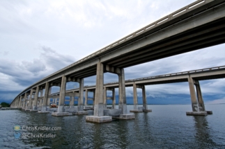 Looking west, the shelf peeks through the twin spans.