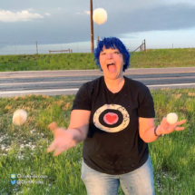 Alethea juggles big hailstones.