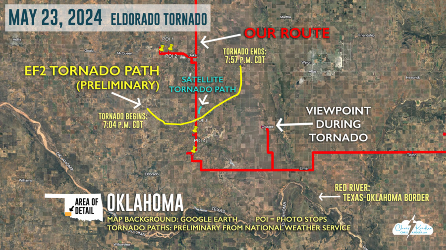 Map of May 23 tornado path and storm chase route by Chris Kridler